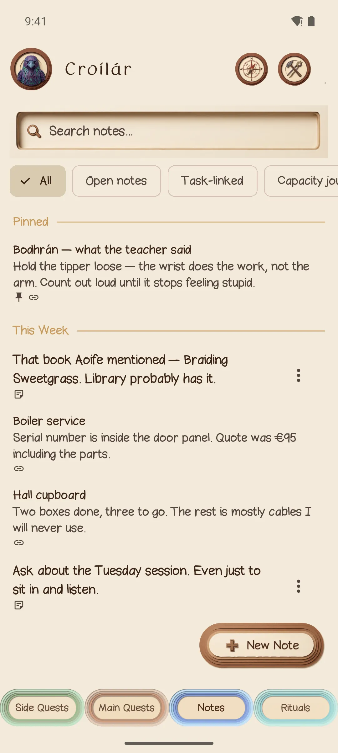 The Notes screen with a pinned note and a reverse-chronological feed.